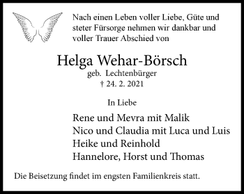 Traueranzeige von Helga Wehar-Börsch von WVW Anzeigenblätter