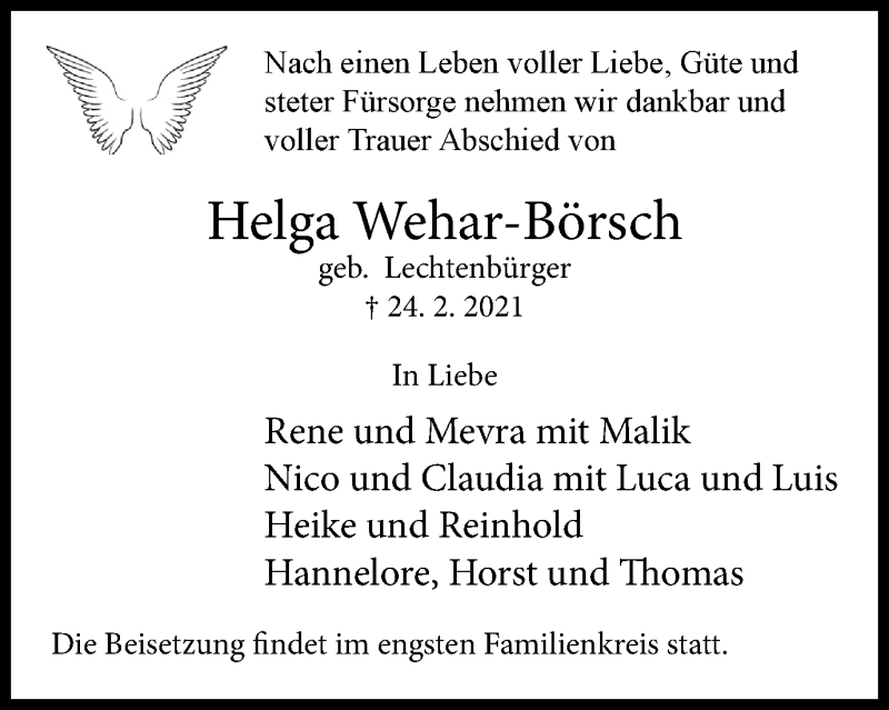  Traueranzeige für Helga Wehar-Börsch vom 03.03.2021 aus WVW Anzeigenblätter