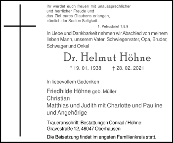 Traueranzeige von Helmut Höhne von WVW Anzeigenblätter