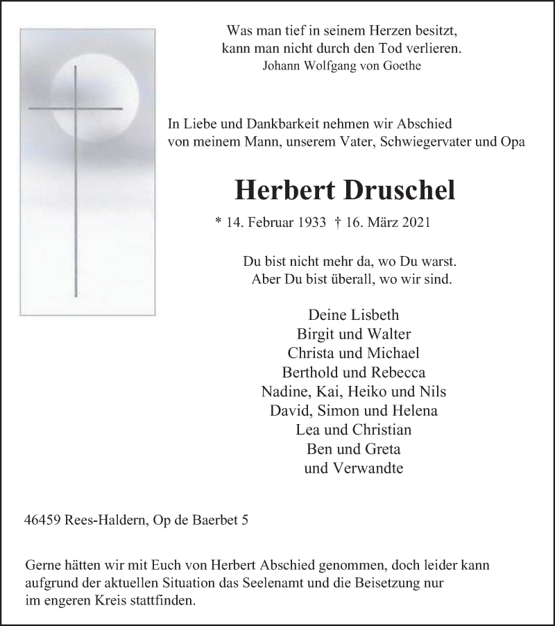 Traueranzeigen von Herbert Druschel TrauerinNRW.de