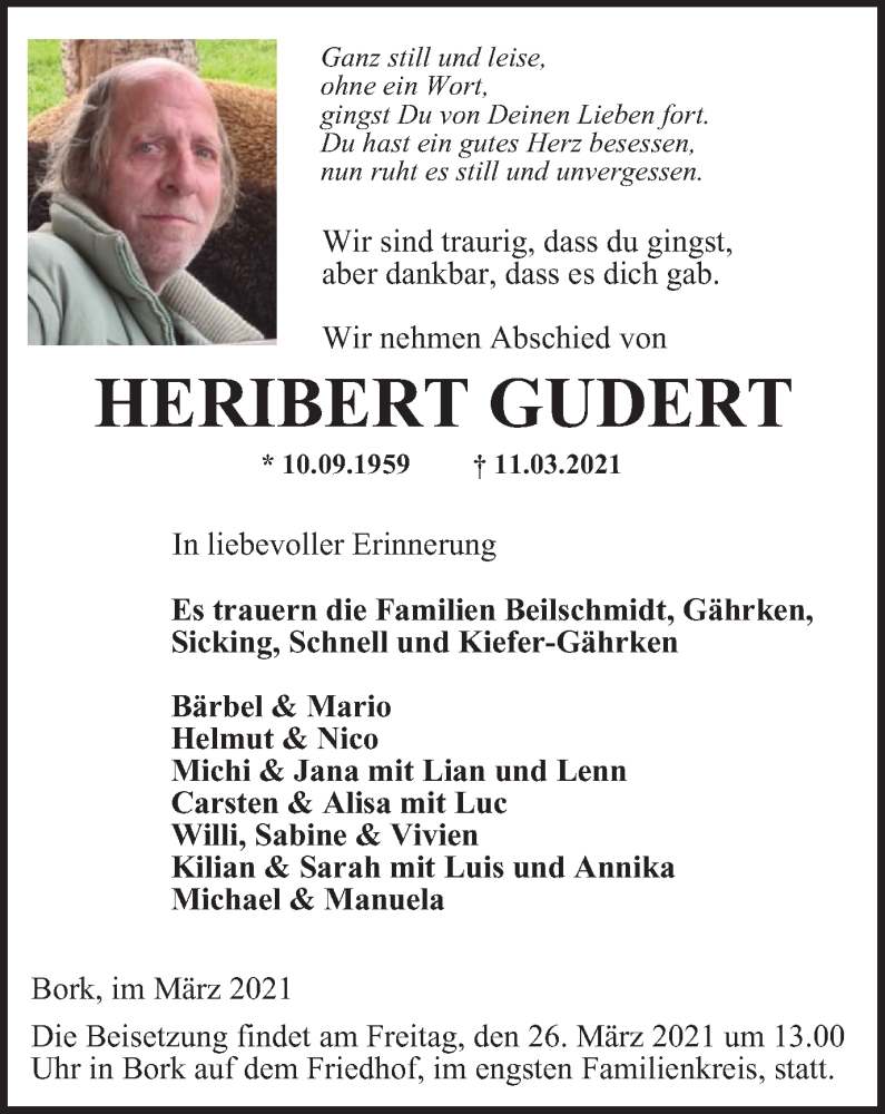  Traueranzeige für Heribert Gudert vom 24.03.2021 aus WVW Anzeigenblätter