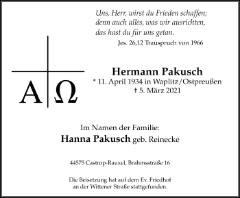 Traueranzeige von Hermann Pakusch von WVW Anzeigenblätter