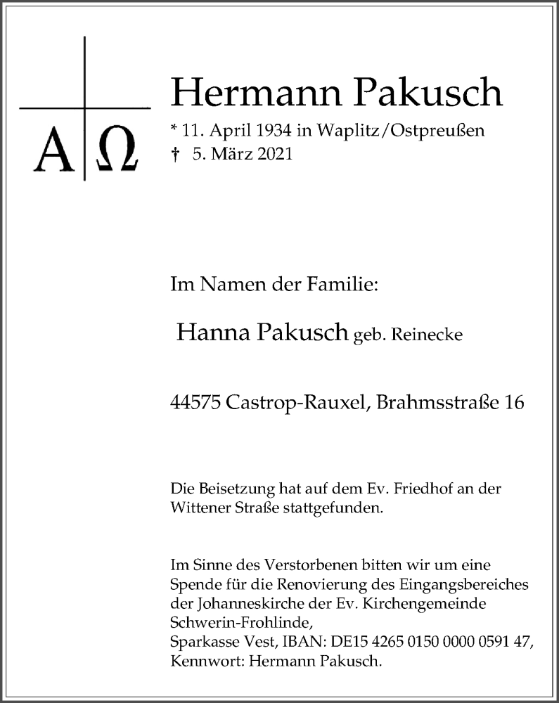 Traueranzeige für Hermann Pakusch vom 13.03.2021 aus WVW Anzeigenblätter