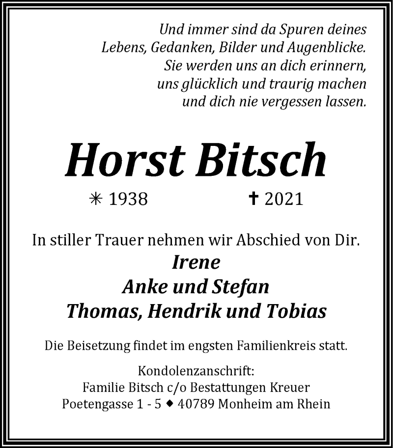  Traueranzeige für Horst Bitsch vom 27.03.2021 aus WVW Anzeigenblätter