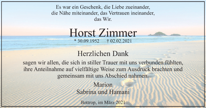  Traueranzeige für Horst Zimmer vom 13.03.2021 aus WVW Anzeigenblätter