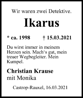 Traueranzeige von Ikarus  von WVW Anzeigenblätter