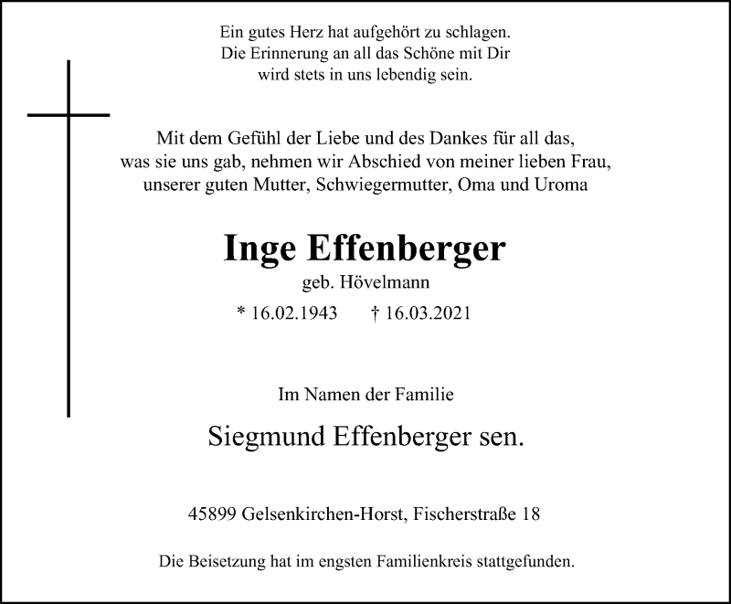  Traueranzeige für Inge Effenberger vom 24.03.2021 aus WVW Anzeigenblätter