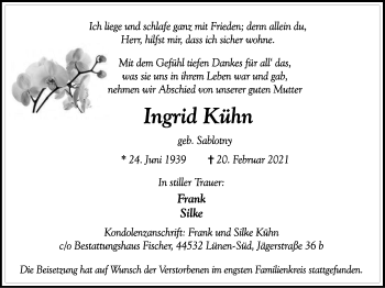 Traueranzeigen von Ingrid Kühn TrauerinNRW.de