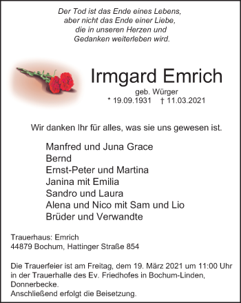 Traueranzeige von Irmgard Emrich von WVW Anzeigenblätter