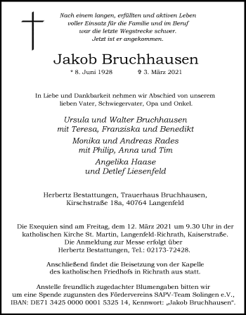 Traueranzeige von Jakob Bruchhausen von WVW Anzeigenblätter