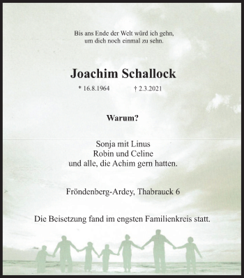 Traueranzeige von Joachim Schallock von WVW Anzeigenblätter
