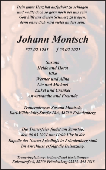 Traueranzeige von Johann Montsch von WVW Anzeigenblätter