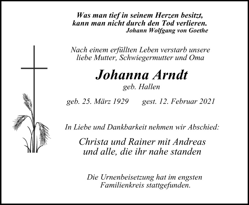 Traueranzeige für Johanna Arndt vom 13.03.2021 aus WVW Anzeigenblätter