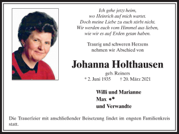 Traueranzeige von Johanna Holthausen von WVW Anzeigenblätter