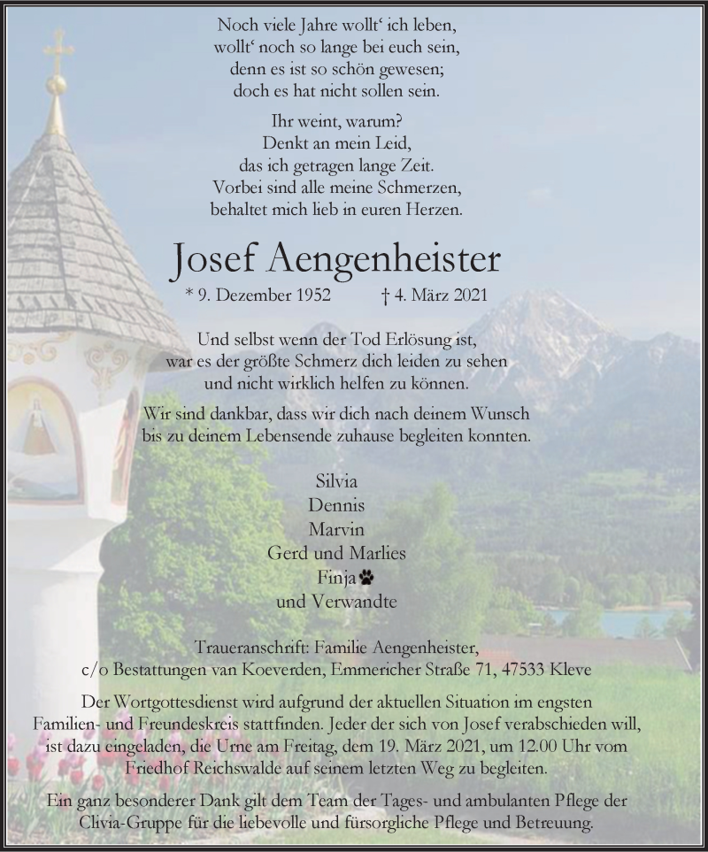  Traueranzeige für Josef Aengenheister vom 13.03.2021 aus WVW Anzeigenblätter