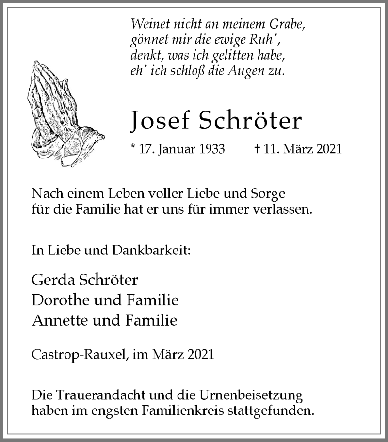  Traueranzeige für Josef Schröter vom 27.03.2021 aus WVW Anzeigenblätter