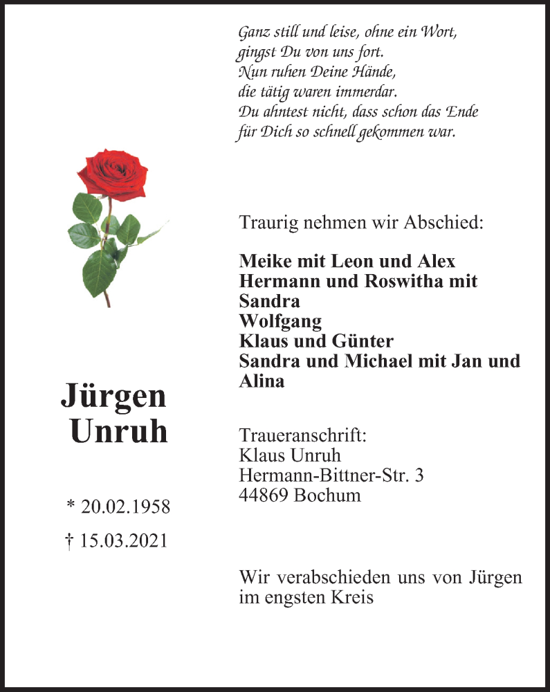  Traueranzeige für Jürgen Unruh vom 24.03.2021 aus WVW Anzeigenblätter
