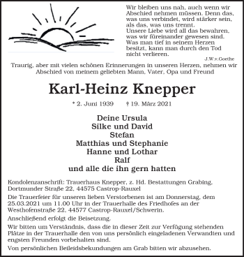 Traueranzeige von Karl-Heinz Knepper von WVW Anzeigenblätter