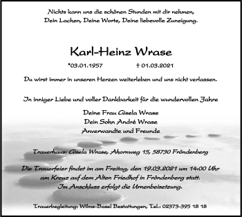 Traueranzeige von Karl-Heinz Wrase von WVW Anzeigenblätter