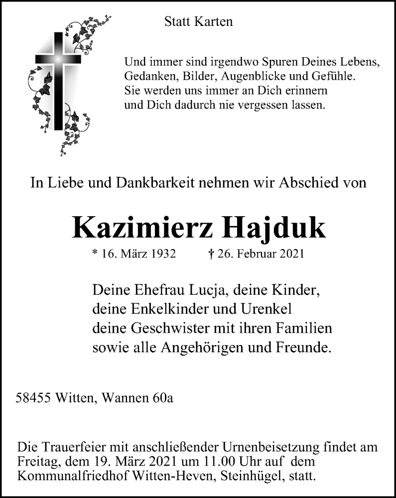  Traueranzeige für Kazimierz Hajduk vom 13.03.2021 aus WVW Anzeigenblätter