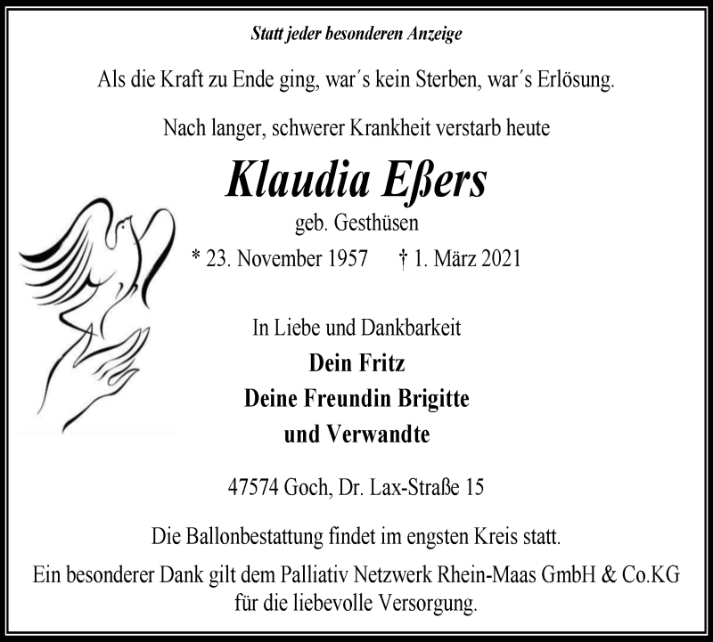  Traueranzeige für Klaudia Eßers vom 06.03.2021 aus WVW Anzeigenblätter