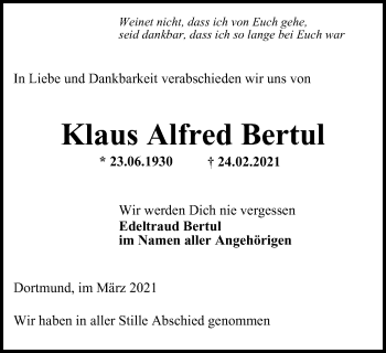 Traueranzeige von Klaus Alfred Bertul von WVW Anzeigenblätter