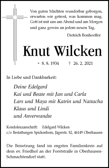 Traueranzeige von Knut Wilcken von WVW Anzeigenblätter