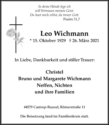 Traueranzeige von Leo Wichmann von WVW Anzeigenblätter