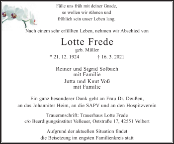 Traueranzeige von Lotte Frede von WVW Anzeigenblätter