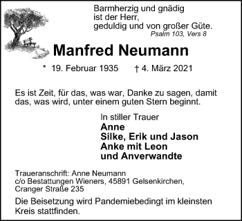 Traueranzeige von Manfred Neumann von WVW Anzeigenblätter