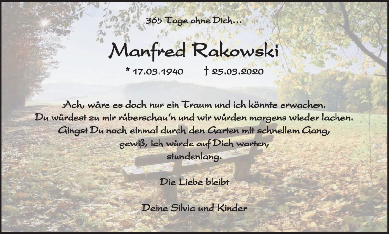  Traueranzeige für Manfred Rakowski vom 27.03.2021 aus WVW Anzeigenblätter