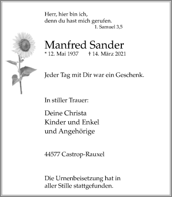 Traueranzeige von Manfred Sander von WVW Anzeigenblätter