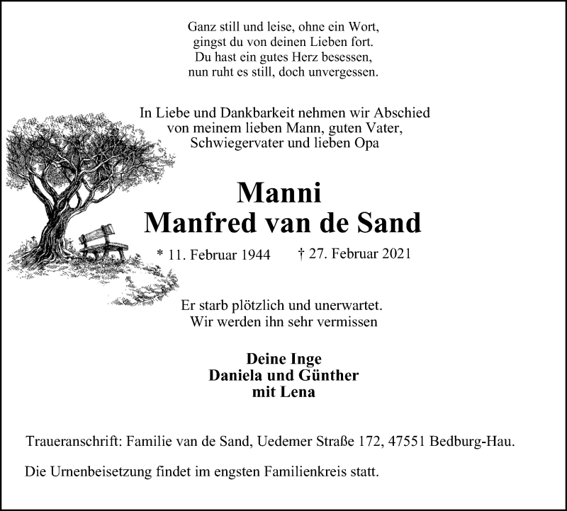  Traueranzeige für Manfred van de Sand vom 06.03.2021 aus WVW Anzeigenblätter