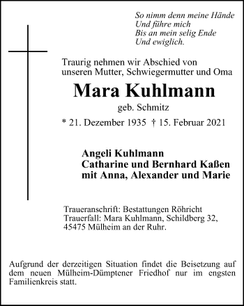 Traueranzeige von Mara Kuhlmann von WVW Anzeigenblätter