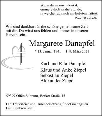 Traueranzeige von Margarete Danapfel von WVW Anzeigenblätter