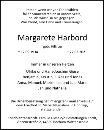 Traueranzeige von Margarete Harbord von WVW Anzeigenblätter