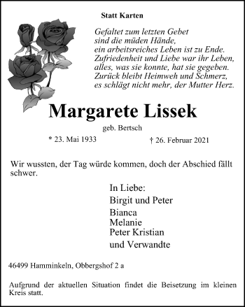 Traueranzeige von Margarete Lissek von WVW Anzeigenblätter