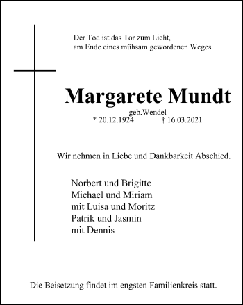 Traueranzeige von Margarete Mundt von WVW Anzeigenblätter