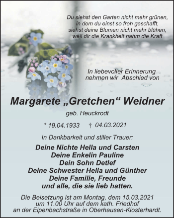 Traueranzeige von Margarete Weidner von WVW Anzeigenblätter