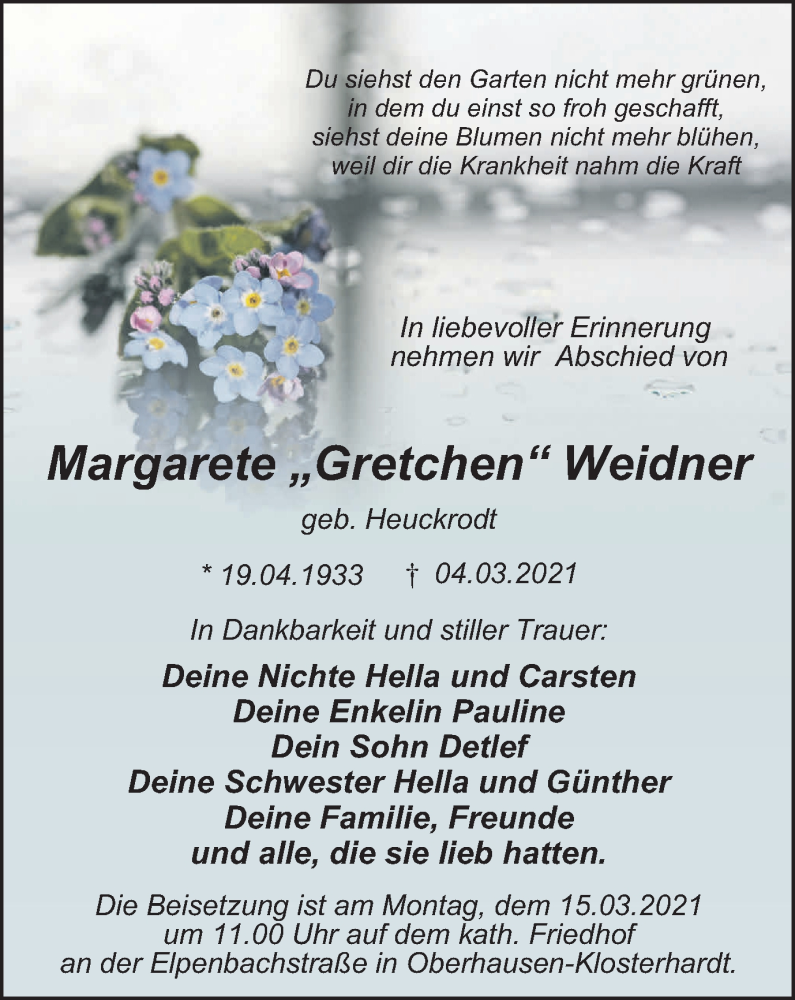 Traueranzeige für Margarete Weidner vom 13.03.2021 aus WVW Anzeigenblätter
