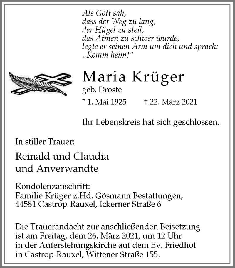  Traueranzeige für Maria Krüger vom 24.03.2021 aus WVW Anzeigenblätter