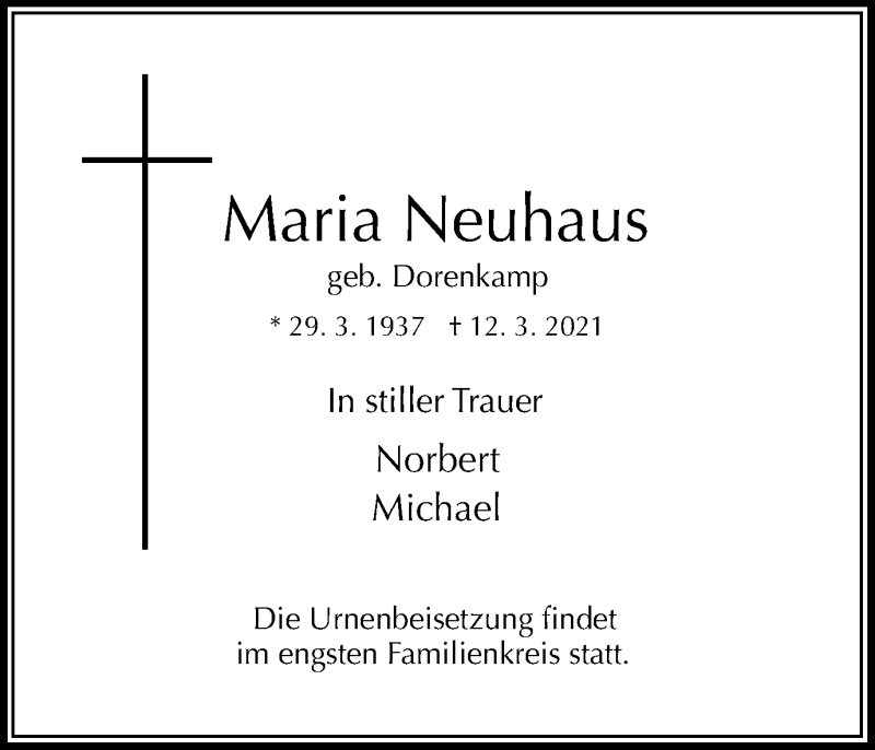  Traueranzeige für Maria Neuhaus vom 20.03.2021 aus WVW Anzeigenblätter