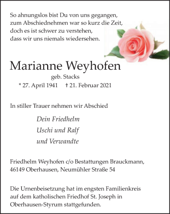 Traueranzeige von Marianne Weyhofen von WVW Anzeigenblätter