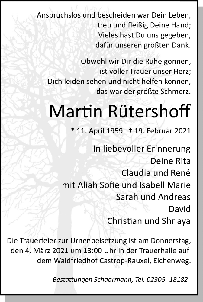  Traueranzeige für Martin Rütershoff vom 03.03.2021 aus WVW Anzeigenblätter