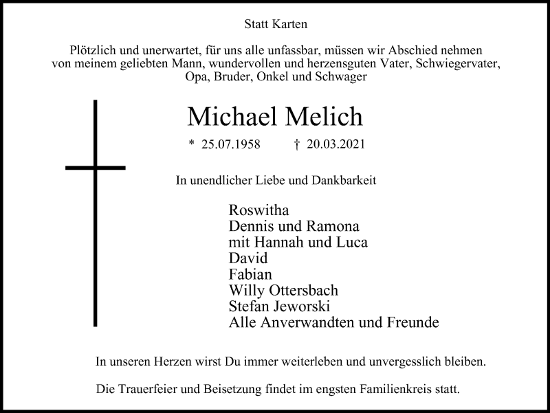  Traueranzeige für Michael Melich vom 27.03.2021 aus WVW Anzeigenblätter