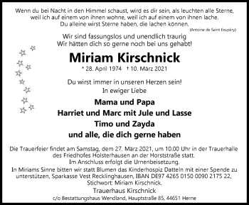 Traueranzeige von Miriam Kirschnick von WVW Anzeigenblätter