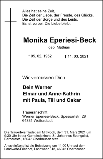 Traueranzeige von Monika Eperiesi-Beck von WVW Anzeigenblätter