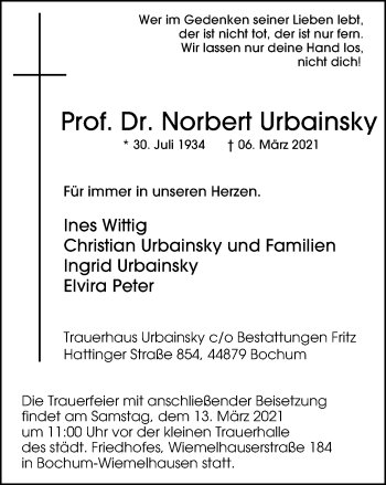 Traueranzeige von Norbert Urbainsky von WVW Anzeigenblätter