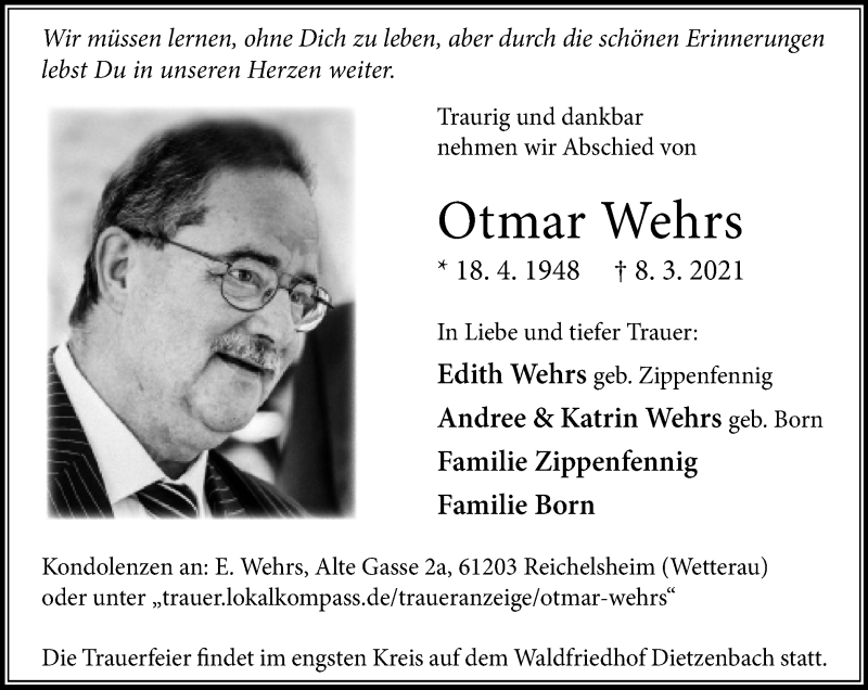  Traueranzeige für Otmar Wehrs vom 20.03.2021 aus WVW Anzeigenblätter