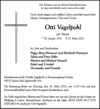 Traueranzeige von Otti Vagelpohl von WVW Anzeigenblätter